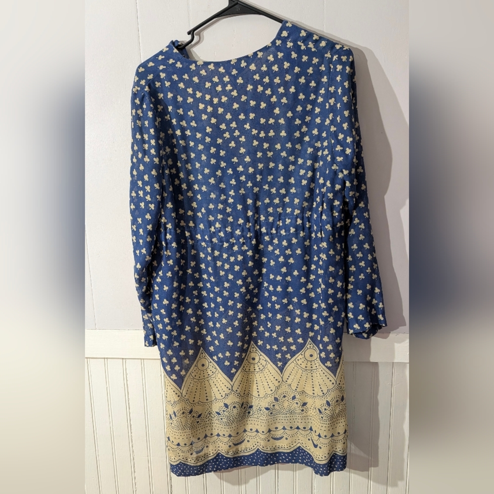 Blue Boho Tunic Dress Retro 70s Style Print Tie Waist Medium - Picture 5 of 5